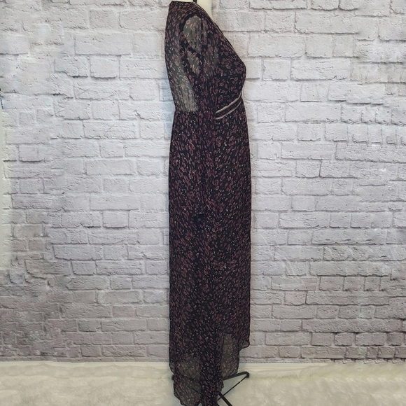 Ecote Dress Black Sheer Maroon Floral Print Split Long Sleeve V Neck Maxi Size S - Picture 5 of 12